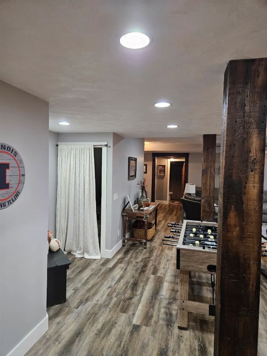 Finished basement with LED recessed lighting by RP Electric in the Quad Cities