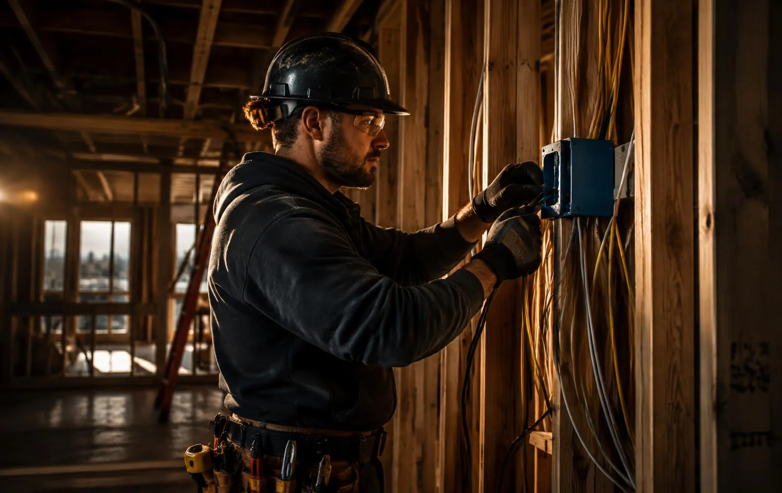 RP Electric electrician wiring a new construction home in Geneseo, IL